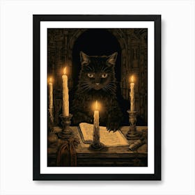 Cat Reading A Book With Candles 3 Art Print