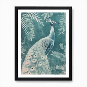 Vintage Peacock With Tropical Leaves Cyanotype Inspired 2 Art Print