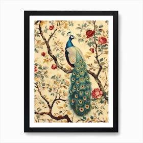 Cream Floral Vintage Peacock 1 Art Print