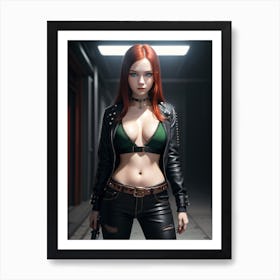 Red Haired Girl In Leather Art Print