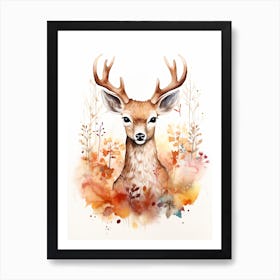 A Deer Watercolour In Autumn Colours 1 Art Print