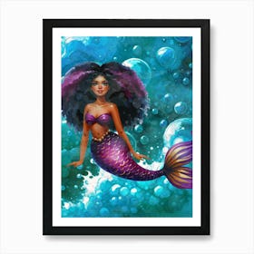 Mermaid, afro, melanin, black, bubbles, cute, sea, ocean Art Print