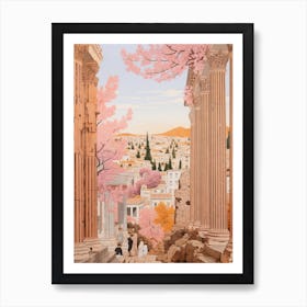 Athens Greece 4 Vintage Pink Travel Illustration Art Print