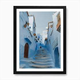 A neighborhood in the blue city of Chefchaouen, Morocco Art Print