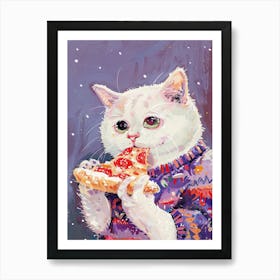 Cute White Cat Eating Pizza Folk Illustration 3 Art Print