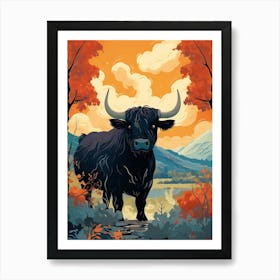 Black Bull In Autumnal Highlands 2 Art Print