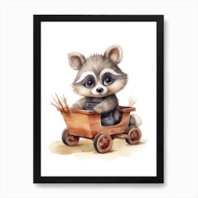 Baby Raccoon On A Toy Car, Watercolour Nursery 0 Art Print