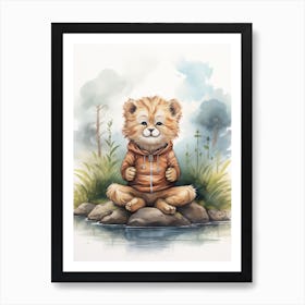 Meditating Watercolour Lion Art Painting 1 Art Print