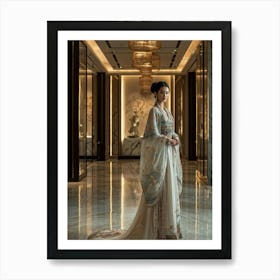 Asian Woman Stands Poised In A Luxurious Fashion Ensemble Contrasting Traditional Elements With Hig (4) Art Print