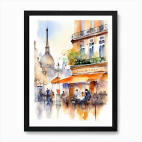 Paris city, passersby, cafes, apricot atmosphere, watercolors.11 Art Print