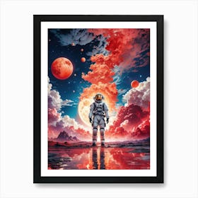 In a red cosmic world, an astronaut stands on a surreal alien planet, witnessing the explosion of a distant world surrounded by moons and stars. Art Print