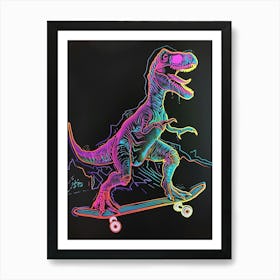 Neon Dinosaur Line Illustration On A Skateboard 1 Art Print