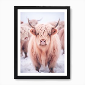 Highland Cow In The Snow Pink Filter Portrait 1 Art Print