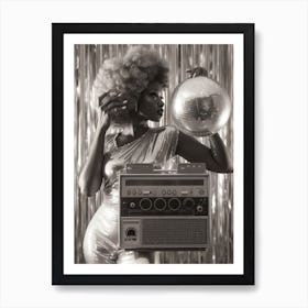 Black And White Woman With A Disco Ball And Boombox 2 Art Print