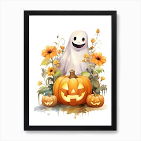 Cute Ghost With Pumpkins Halloween Watercolour 8 Art Print