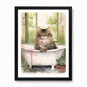 Norwegian Forest Cat In Bathtub Botanical Bathroom 4 Art Print