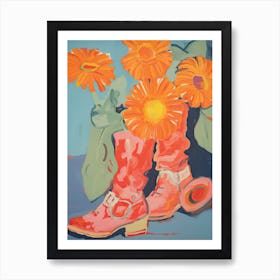 Painting Of Orange Flowers And Cowboy Boots, Oil Style 2 Art Print