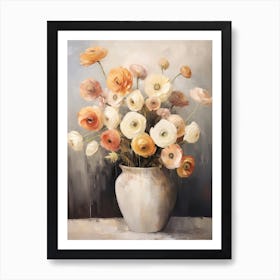 Ranunculus, Autumn Fall Flowers Sitting In A White Vase, Farmhouse Style 1 Art Print