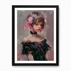 Anime Girl In Black Dress - Eye Closed Art Print