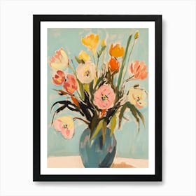 Colorful Flowers In A Blue Vase Art Print