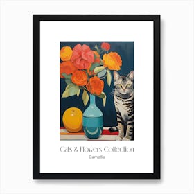 Cats & Flowers Collection Camellia Flower Vase And A Cat, A Painting In The Style Of Matisse 3 Art Print