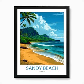 Sandy Beach Oahu Print Hawaiian Shoreline Art Oahu Beach Poster Hawaii Surf Wall Decor Pacific Ocean View Illustration Tropical Island 1 Art Print