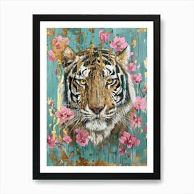 Tiger With Pink Flowers Art Print