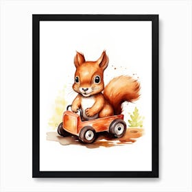 Baby Squirrel On A Toy Car, Watercolour Nursery 0 Art Print