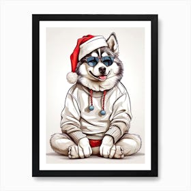 Siberian Husky Dog Christmas Hat Art Print