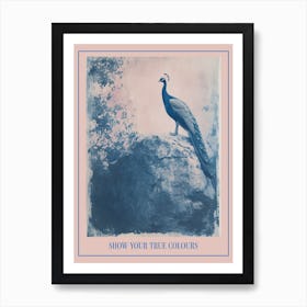 Navy Blue Peacock Portrait Cyanotype Inspired 1 Poster Art Print