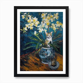 Still Life Of Orchids With A Cat 3 Art Print