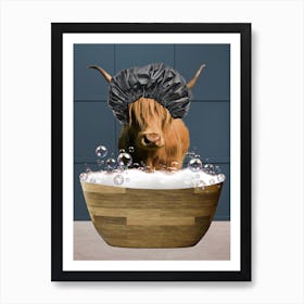 Highland Cow In Bath With Shower Cap Art Print