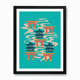 EDO Graphic Japanese Castles and Oriental Japan Torii Gates with Flowing River in Bright Turquoise Orange Teal Yellow Art Print