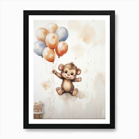 Baby Monkey Flying With Ballons, Watercolour Nursery Art 2 Art Print