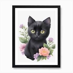 Black Cat With Flowers 2 Art Print