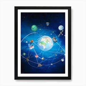 Abstract Digital Painting Featuring An Interconnected Web Of Telecom Cables And Satellites Symbolizi (7) Art Print