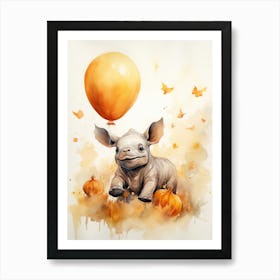 Rhino Flying With Autumn Fall Pumpkins And Balloons Watercolour Nursery 1 Art Print