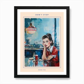 American Diner Retro Woman Portrait Red & Blue Poster Art Print