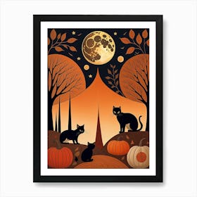 Halloween Cats And Pumpkins Art Print