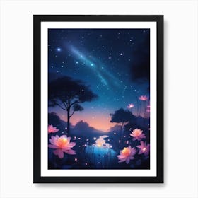 Night Sky With Lotus Flowers Art Print