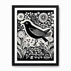 B&W Bird Linocut Blackbird 2 Art Print