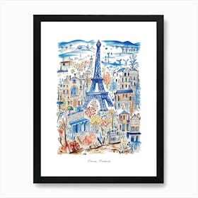 Paris Eiffel Tower Illustration Line Art France Travel Blue Art Print