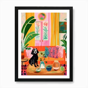 Boho Living Room With Dog Painting Animal Lovers Affiche