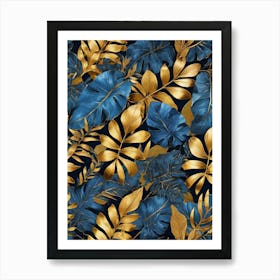 Blue And Gold Tropical Leaves Art Print Art Print