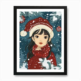 Christmas Girl In Santa Hat Art Print