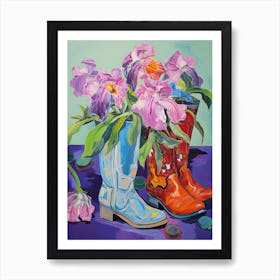 Oil Painting Of Pink And Red Flowers And Cowboy Boots, Oil Style 6 Art Print