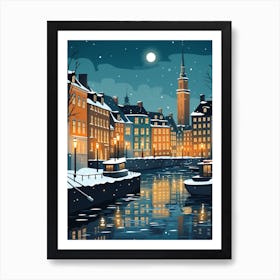 Winter Travel Night Illustration Copenhagen Denmark 1 Art Print