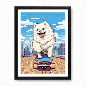 American Eskimo Dog Skateboarding Illustration 4 Art Print