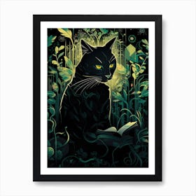 Black Cat Reading Book Art Print