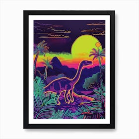 Neon Dinosaur With Palm Trees In A Jurassic Landscape Art Print